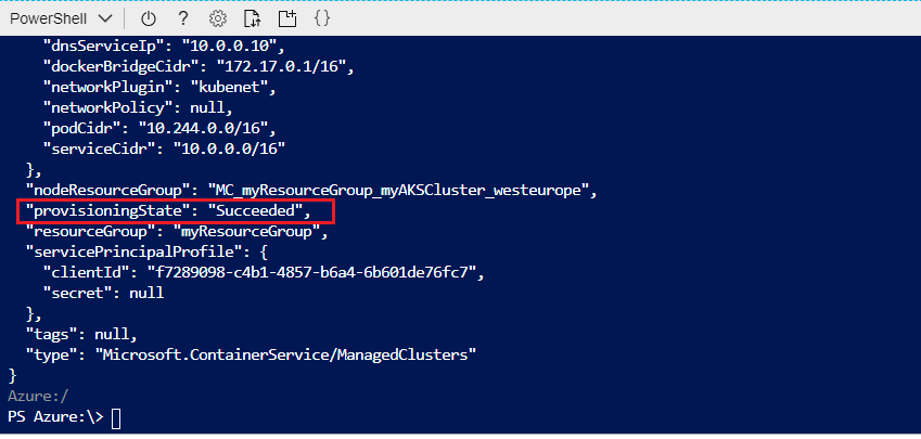 Screenshot of the Azure Cloud Shell with the azure cli command having completed and provisioning state of succeeded highlighted